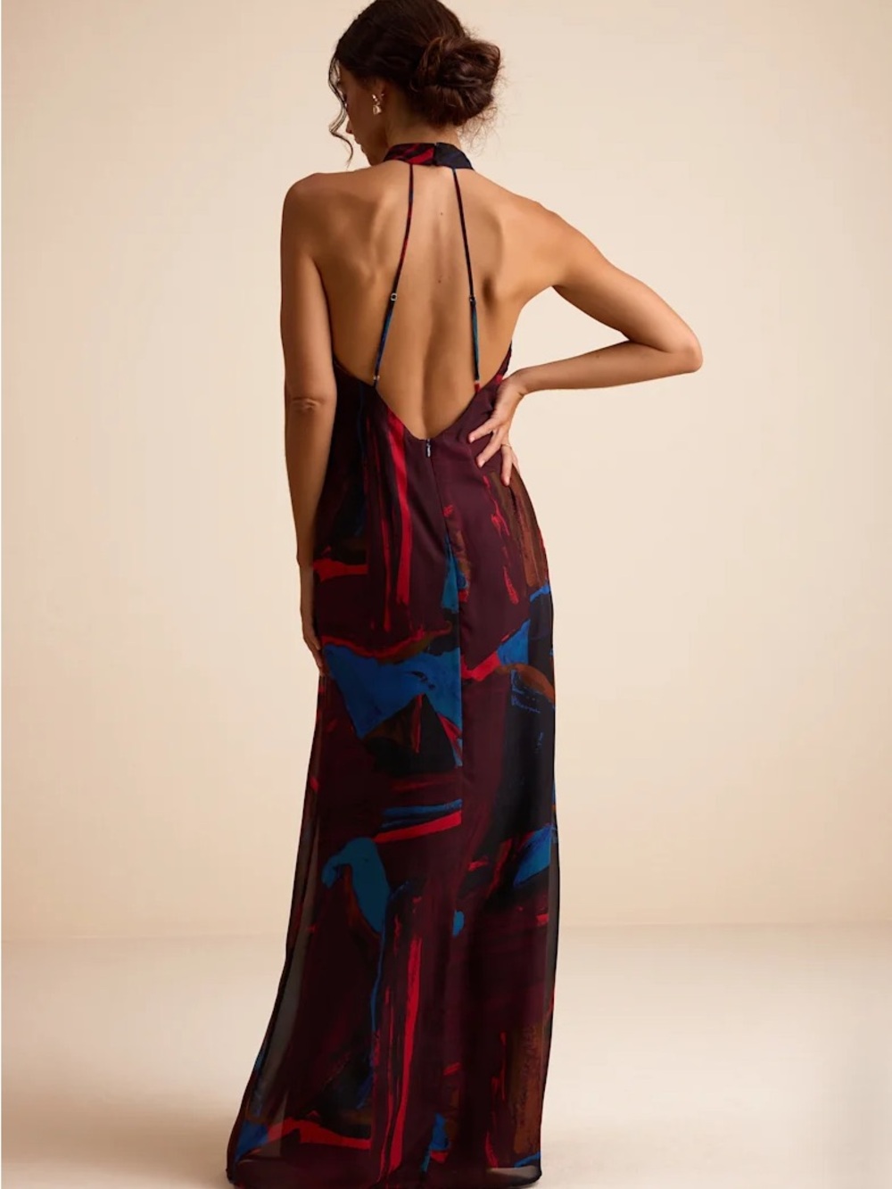 Solayne Burgundy Multi Abstract Strappy Halter Maxi Dress - Picture 7 of 7